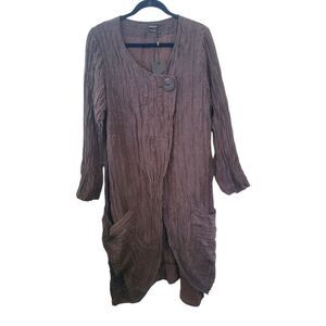 Grizas Brown Linen Silk Crinkle Long Line Cardigan Size Large Lagenlook NWT